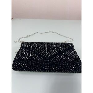 Vintage 80s Black Velvet Rhinestone Clutch Silver Chain Evening Bag